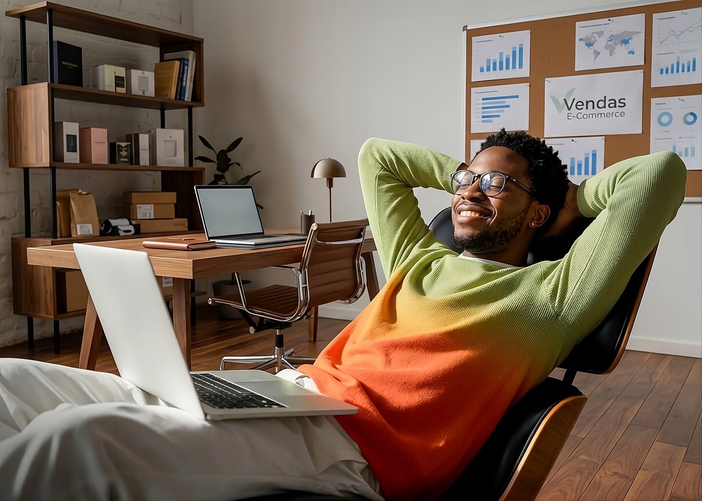 Empresário relaxado gerenciando seu negócio com a UCA Tech